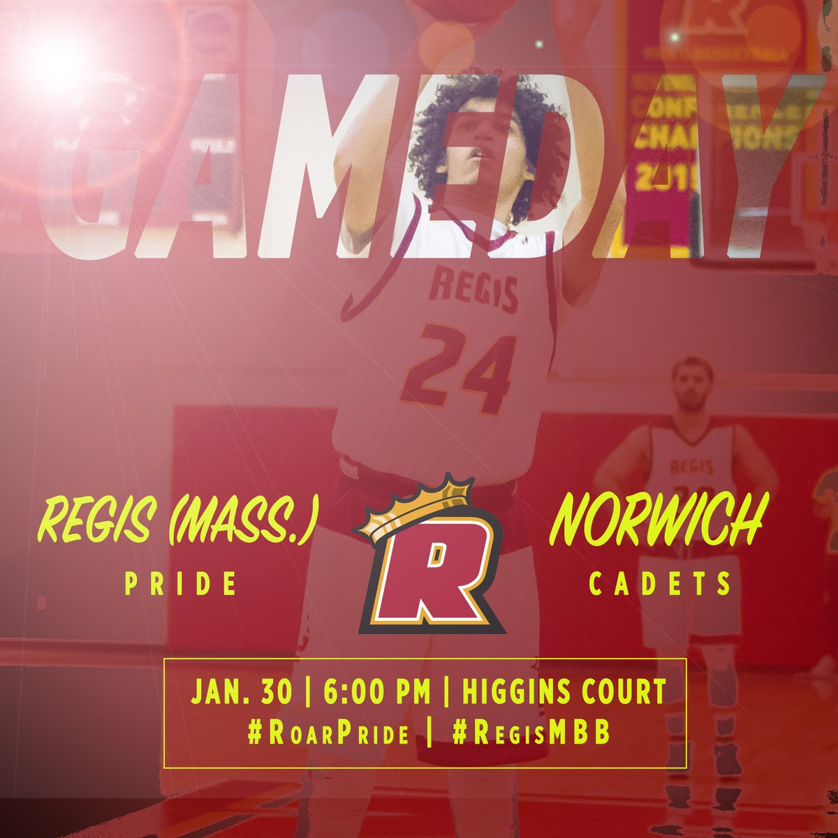 GoRegisPride's tweet photo. GAMEDAY: @regisbasketball looks to get back in the @TheGNAC mix tonight, hosting @NorwichCadets, 6pm at #HigginsCourt. Let's go Pride! #RegisMBB #RoarPride https://t.co/vfeMid9wqp