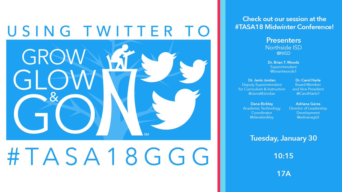 danabickley's tweet photo. Using Twitter to GROW GLOW and GO - Join us @NISD to hear and see how our district is using Twitter as a tool to deepen professional learning, build PLNs, collaborate, showcase great teaching and learning and amplify public education! Tomorrow at 10:15! #TASA18 #TASA18GGG https://t.co/eSTZln0KJY