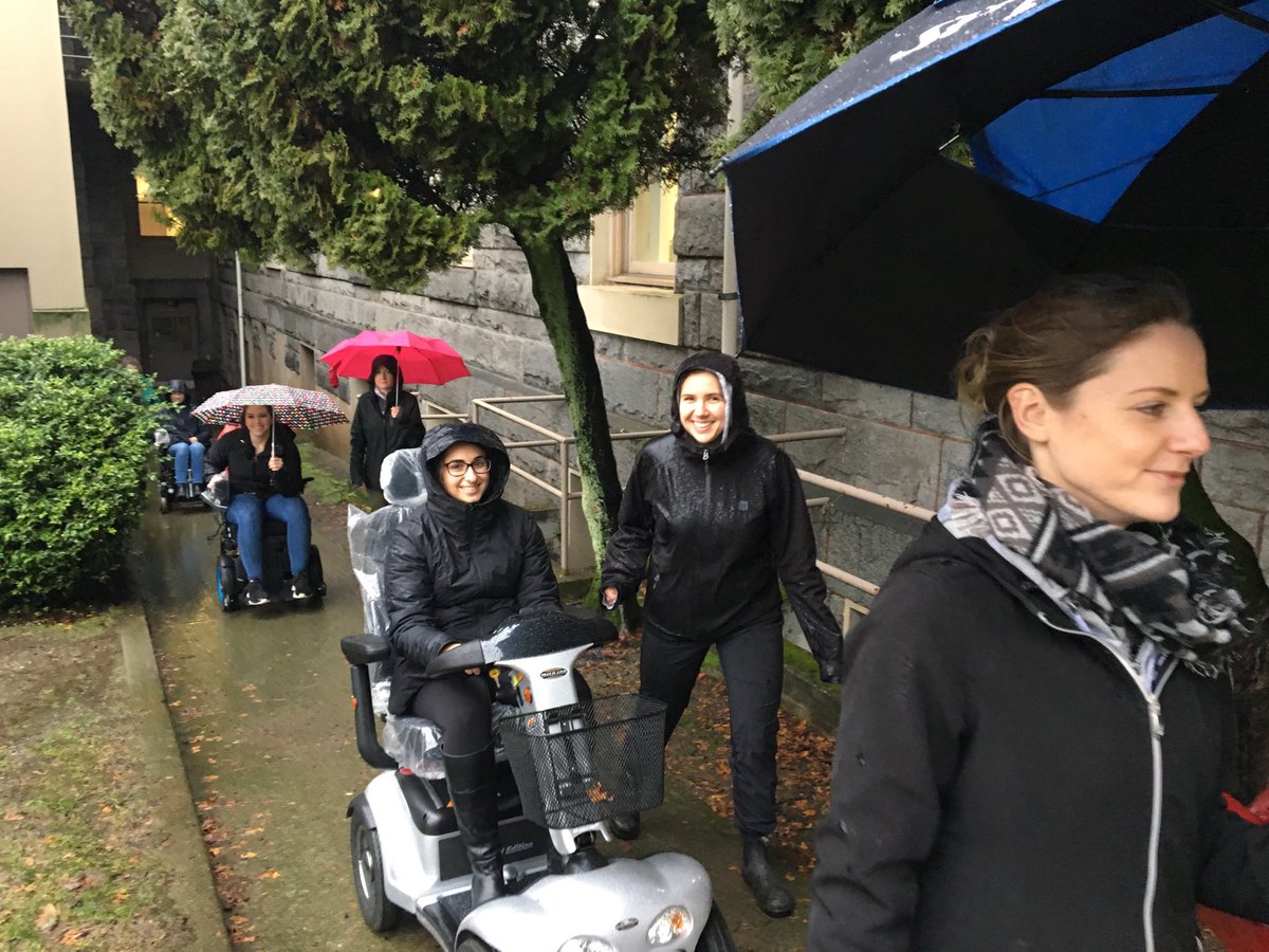 bcmiller1961's tweet photo. Teaching in the rain. UBC MOT2 students learning power mobility skills with a additional environmental challenges! That’s how we do it in Vancouver @UBCOSOT https://t.co/eeMPPdNfe0