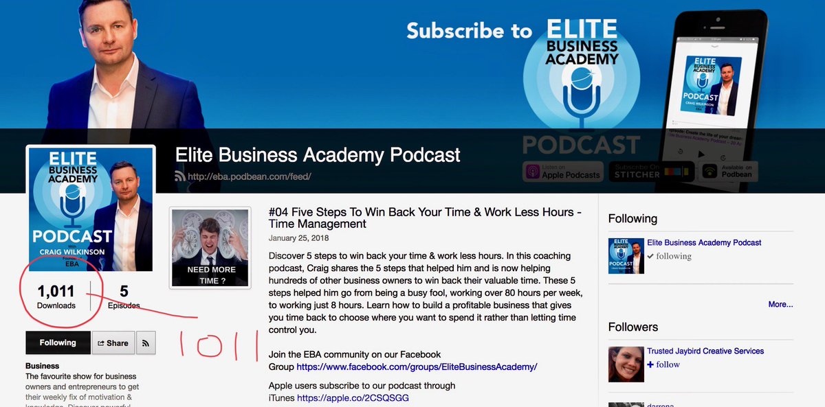 OMG - I've had 1011 downloads of my new podcast episodes in just 4 weeks. If you have not downloaded it you are missing out big time. WHY? Because I give away all the knowledge on how I build &amp; sell my businesses. 
Here are the first 4 coaching sessions. eba.podbean.com