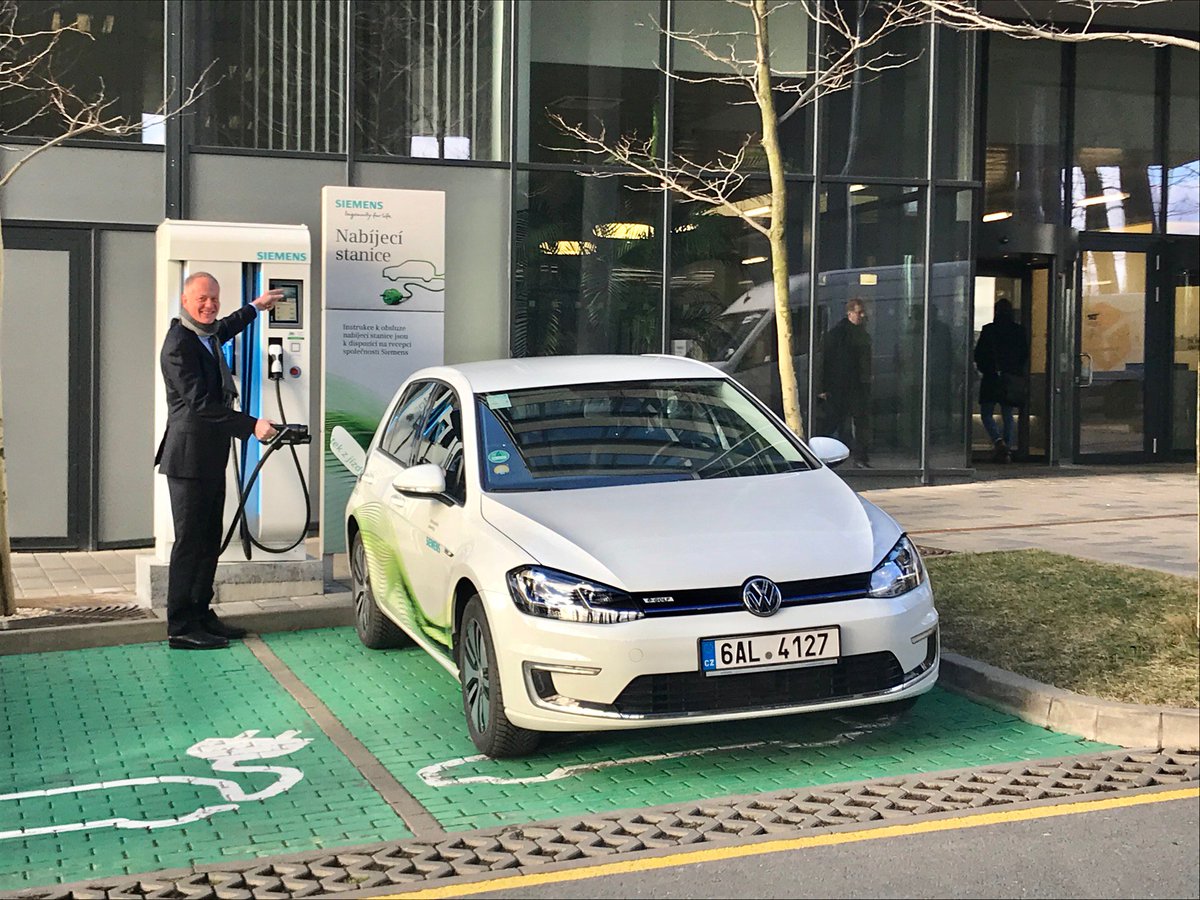 Today <a href="/SiemensCzech/">Siemens Czech</a> is opening a 50KW charging station for the public in front of our Prague's HQ building. This is the new generation of high speed charging stations. #Emobility is the future!