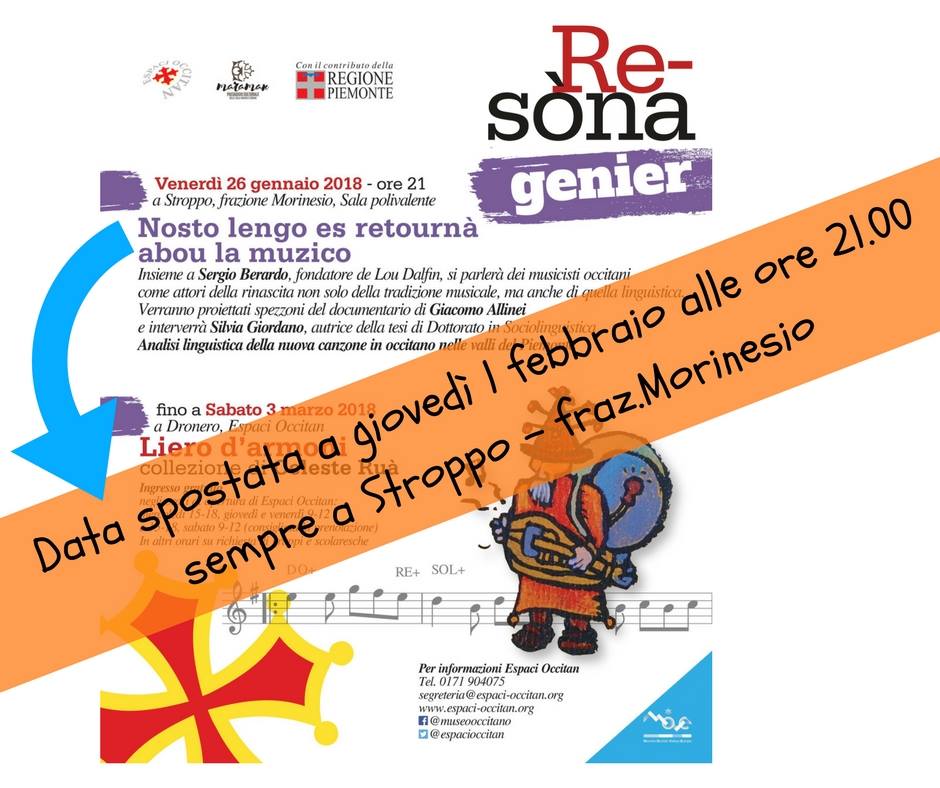 EspaciOccitan's tweet photo. Per la rassegna RE-SÒNA, giovedì 1° febbraio alle ore 21 a #Stroppo in frazione Morinesio proiezione del documentario Nosto lengo es retournà abou la muzico di Giacomo Allinei e dibattito su musica e lingua #occitana con Sergio Berardo @loudalfin e Silvia Giordano. Val #Maira https://t.co/QRLwcK8H4k