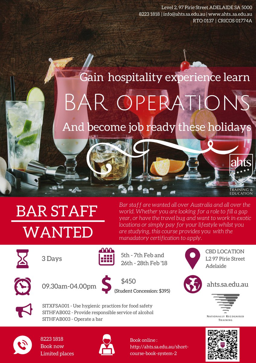 Put the cherry on top of your hospitality training! 😮🍒
Join AHTS and sign up for our Bar Operations course, February 5th-7th, student concession available 🤩
Limited spaces!
#jobready #bartending #ahts
Enrol: ahts.sa.edu.au/our-course-2/#…
 ahts.sa.edu.au
📞8223 1818