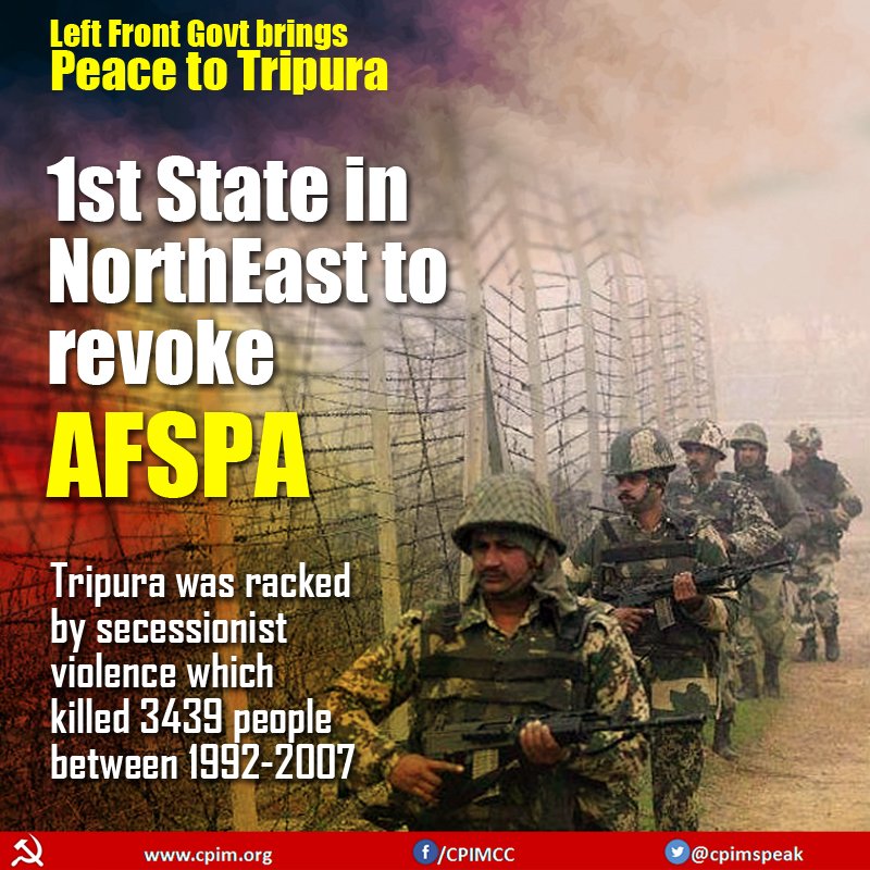 cpimspeak's tweet photo. #People1stTripuraModel 
Left Front Govt brought peace to #Tripura &amp; only NorthEast state to revoke #AFSPA.
#Left4Tripura https://t.co/Ywb5MBq4Ey
