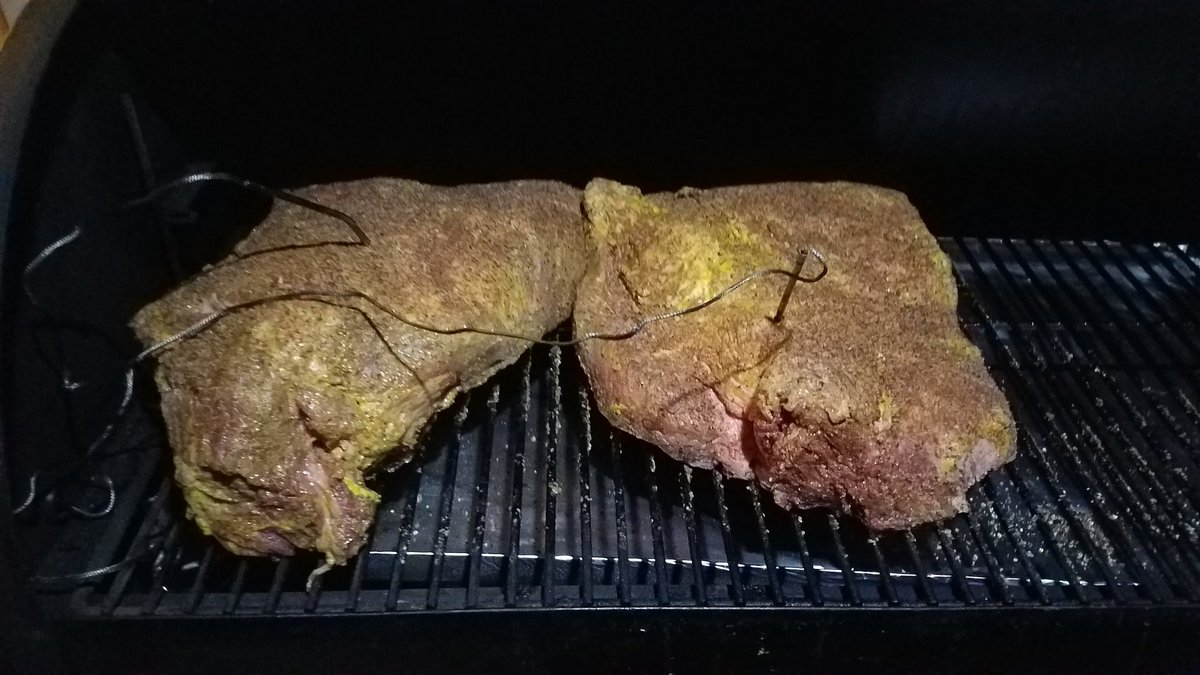 And the first two briskets are officially smoking. #Prehmsbbq