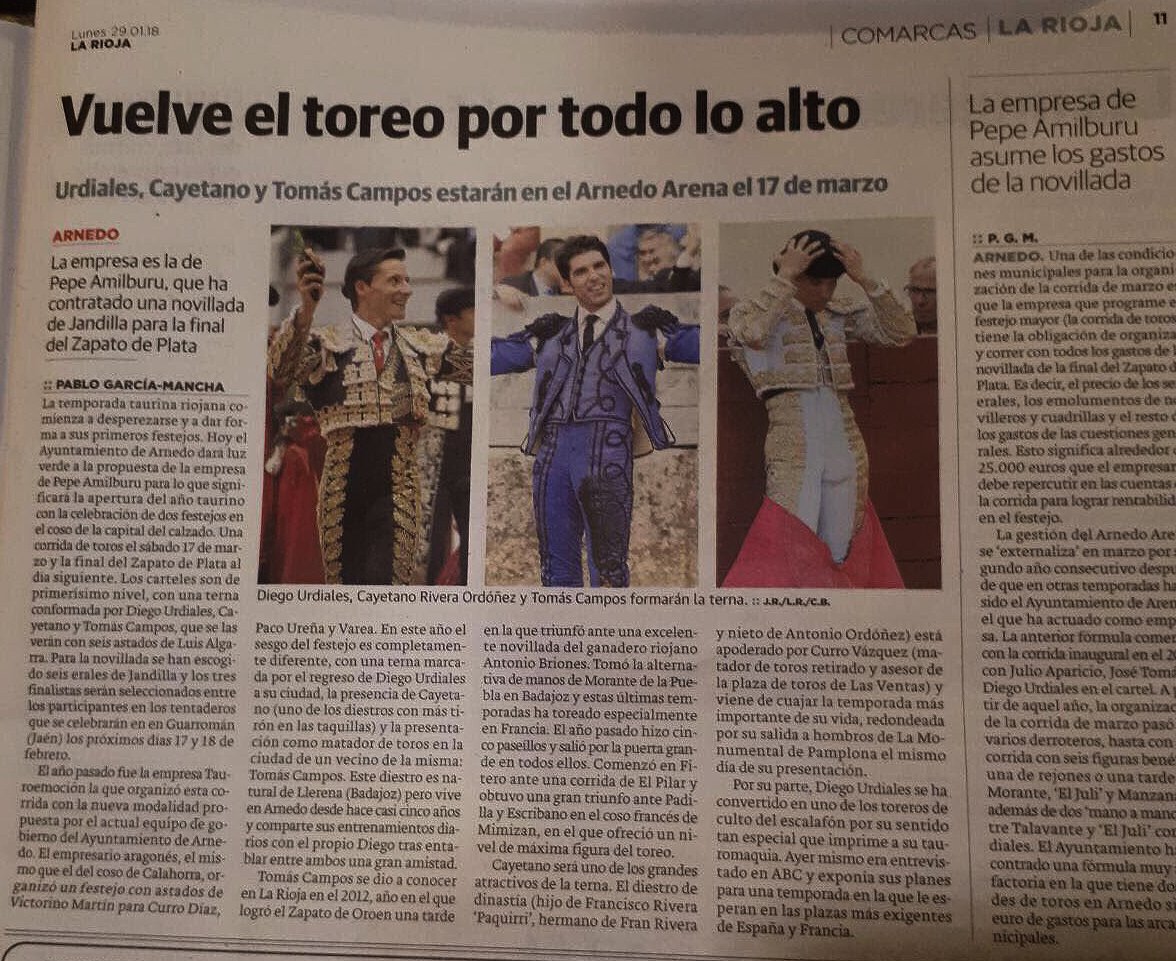Se hace oficial la primicia adelantada ayer en <a href="/lariojacom/">lariojacom</a>.
Diego Urdiales, Cayetano y Tomás Campos abrirán la temporada en Arnedo el 17 de marzo ante toros de Algarrra