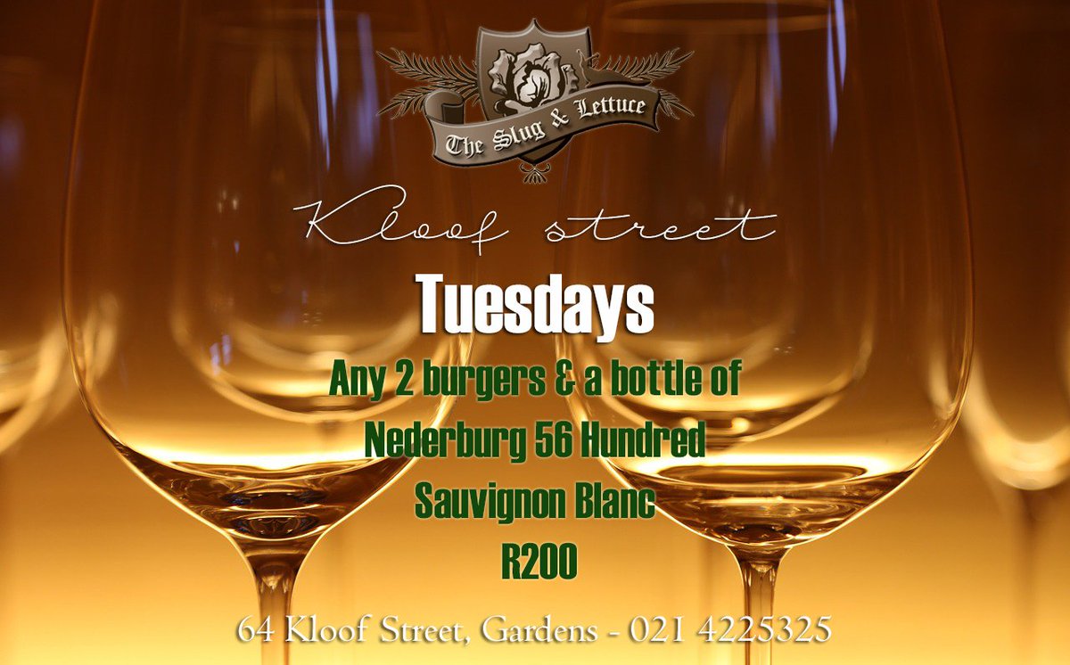 TONIGHT at the Slug on Kloof street
2 Burgers &amp; a bottle of wine R200
64 Kloof street, Gardens
021 422 5325
#Tuesday #KloofStreet #Burgers #Wine