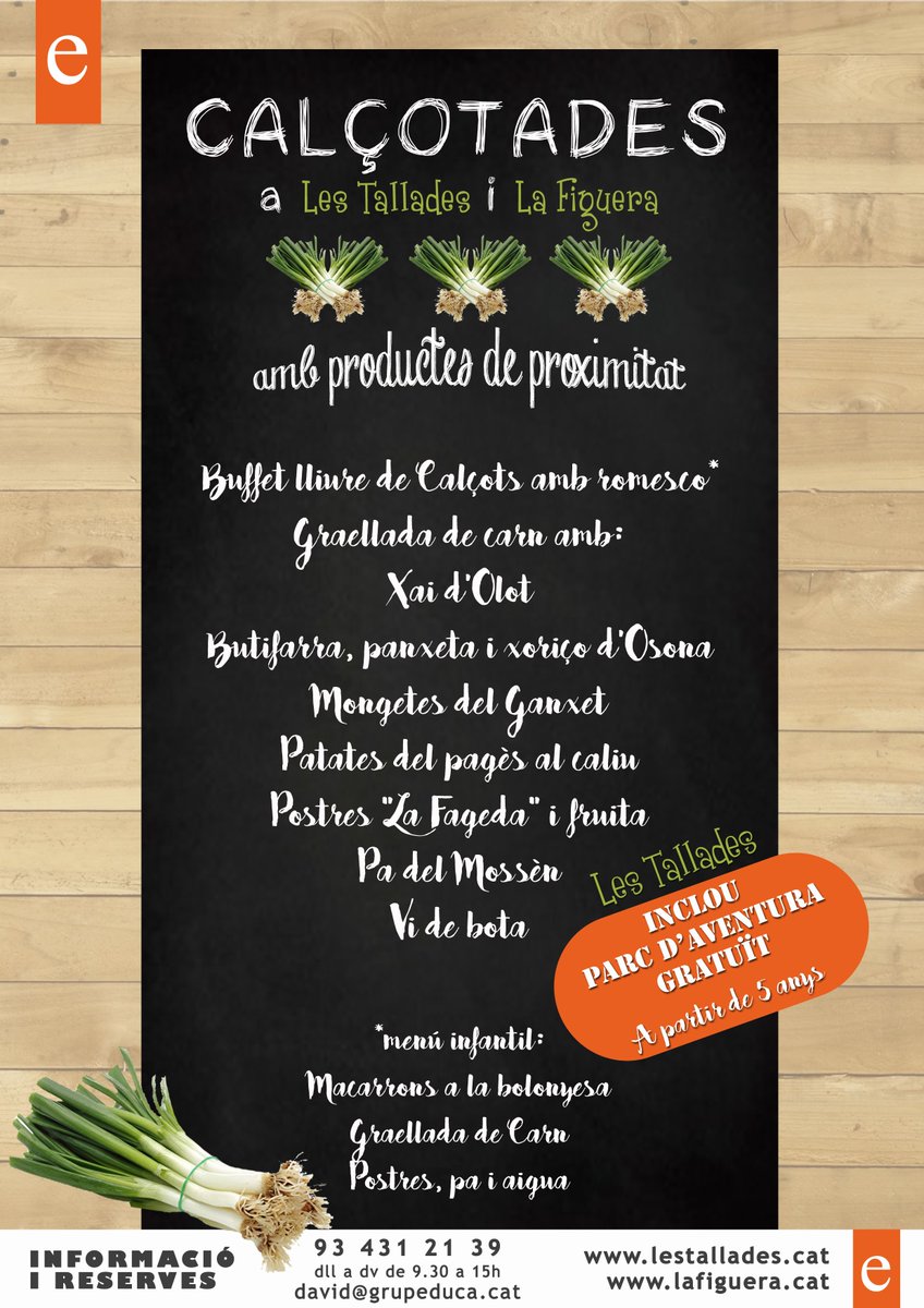 Veniu a gaudir d'una bona calçotada i parc d'aventura a les Tallades de Vilanova de Sau! Reserves a 93 431 21 39 o david@grupeduca.cat