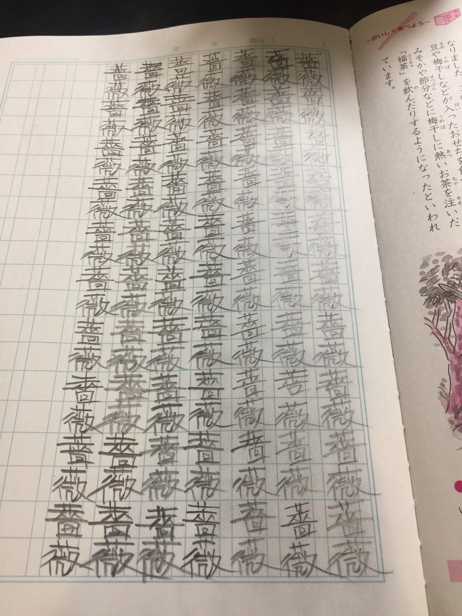 カエル大宮 やっと今日から 読めても書けない漢字の書き取り練習を始める まずは悲願の 薔薇 から 70字書いたら覚えた 形を真似るから汚い 残り30字は明日の復習用 ネットに書き順サイトがあり それを参考に書いたが 草冠の書き順がすげー違っ