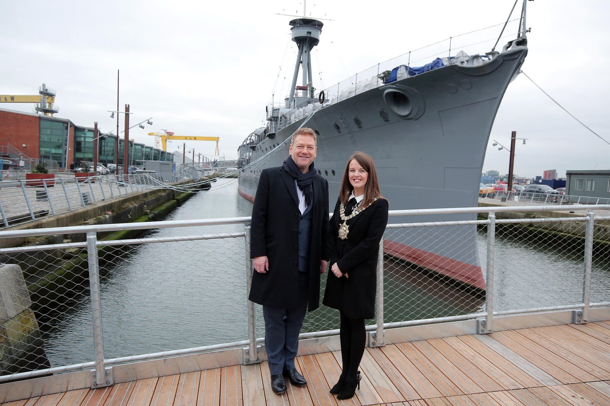 belfastcc's tweet photo. Kenneth Branagh paid a surprise visit to @HMSCaroline earlier where members of the public were enjoying a free screening of Dunkirk - part of our #BranaghinBelfast pop-up film festival with @FilmHubNI @NualaMcAllister https://t.co/W787tA1a0S