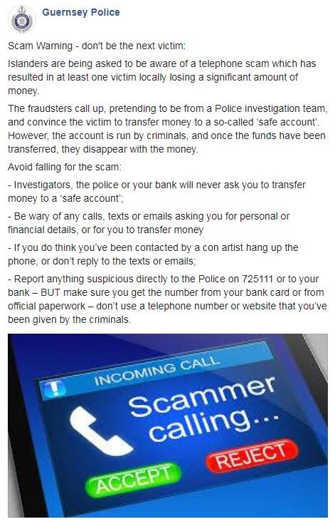 GuernseyPolice's tweet photo. If you receive a call from anyone who suggests you transfer your money to a 'safe account' for whatever reason - ignore it.  Scammers are targeting Guernsey numbers, and at least one person has fallen victim: https://t.co/qcZKWGizMm