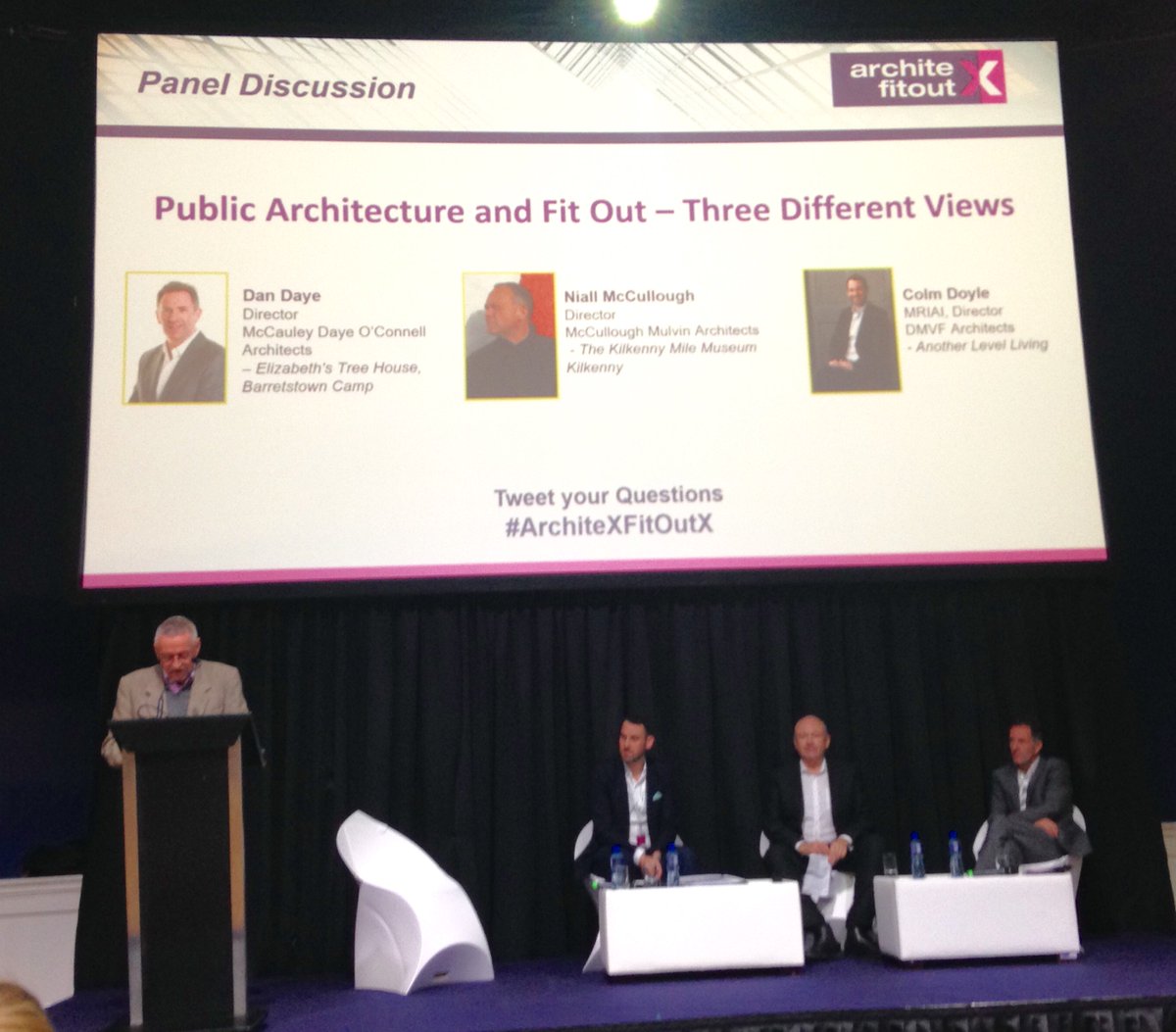 Afternoon panel - Three Different Views on Public Architecture and Fit Out, with Dan Daye of McCauley Daye O’Connell Architects, Niall McCullough of <a href="/mcmarchs/">McCullough Mulvin</a>, Colm Doyle of DMVF Architects. #ArchiteXFitOutX