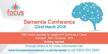 Over 50 tickets sold in the first week! Don't miss your chance to attend what willl be a very informative and interesting day! Tickets available from:  focusadultsocialwork.co.uk/dementia/ #dementia #dementiafriend #carer #carers #lifewithdementia