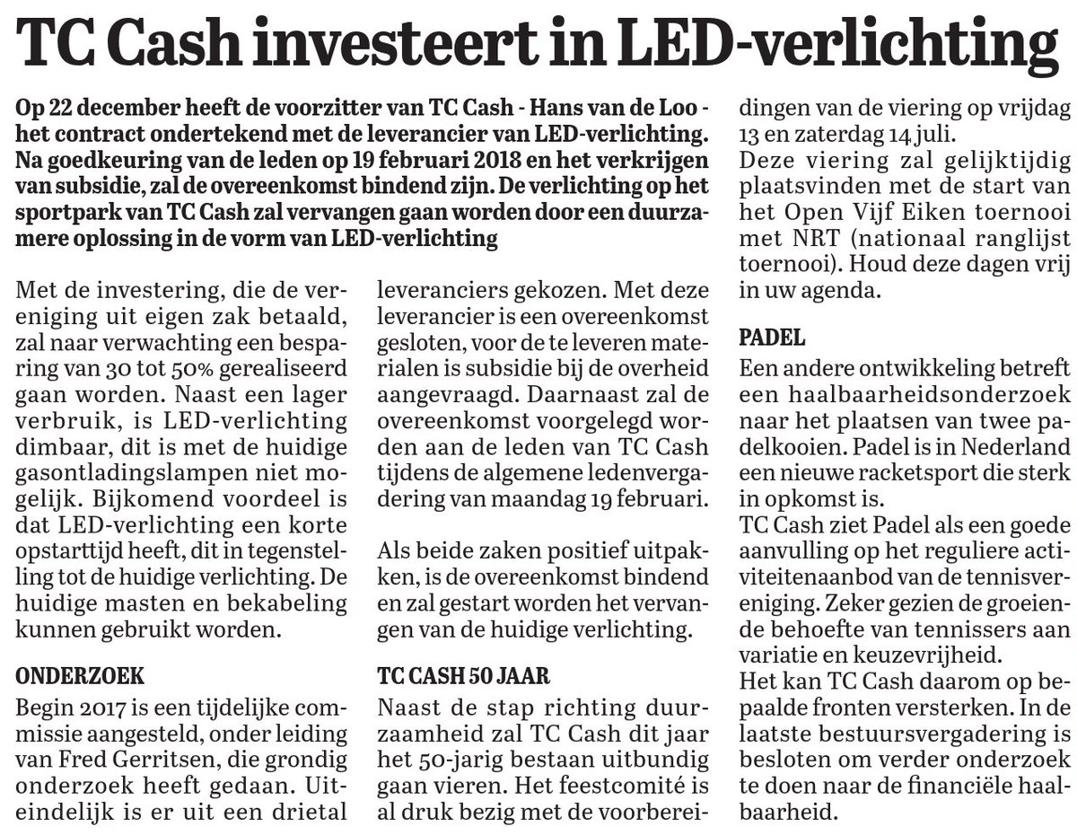 TC CASH krijgt na goedkeuring leden op 19 februari LED-verlichting: