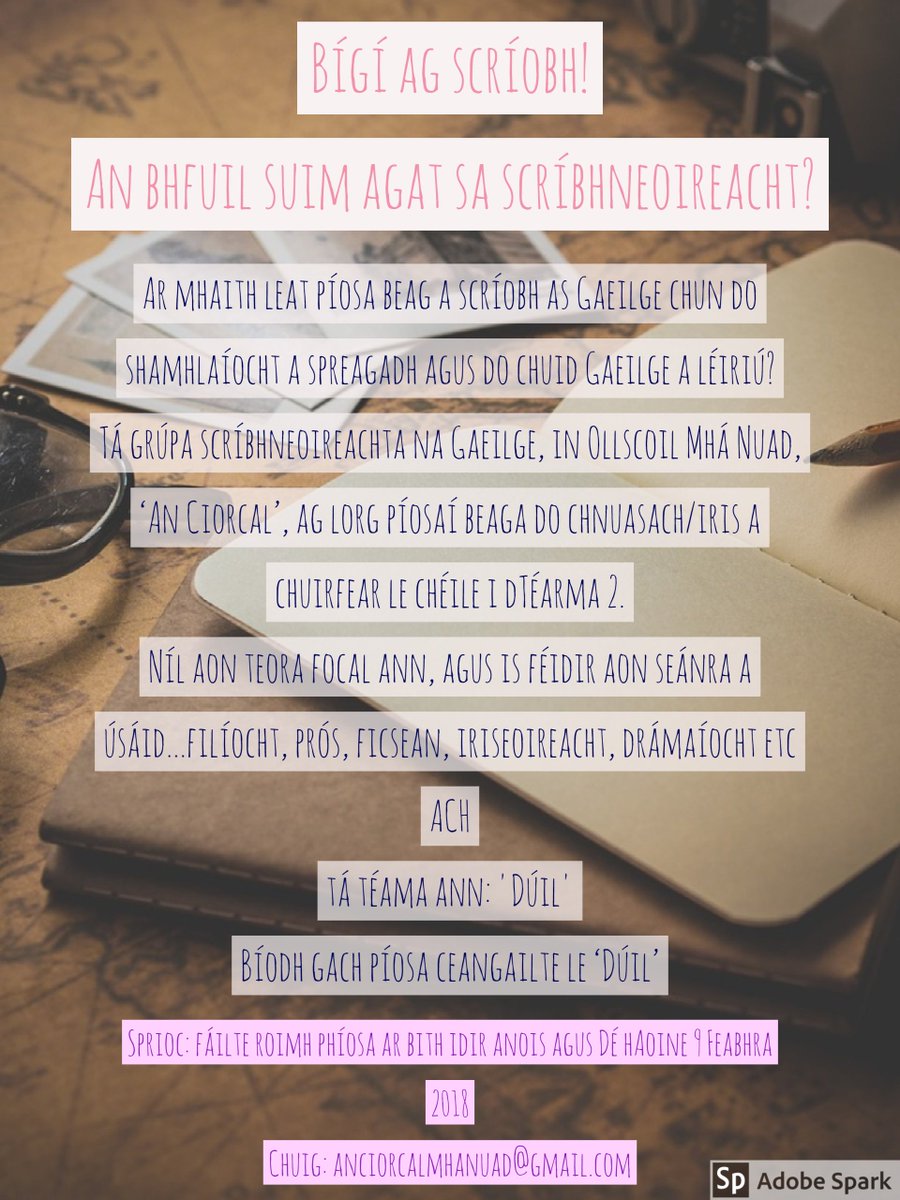Ar mhaith leat alt a scríobh d'Iris an Chiorcail? Fáilte roimh ailt ó mhic léinn bunaithe ar an téama 'Dúil'. Sonraí thíos ⬇️⬇️ #BíLinn #Gaeilge