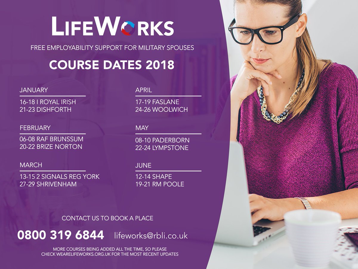 RBLI_LWF's tweet photo. Have you seen our course dates for 2018? @The_AFF @RAF_FF @The_NFF #supportforspouses #military #jobs Remember we can do remote support too if you can't make a course! All courses FREE. https://t.co/nGkS72KBrk