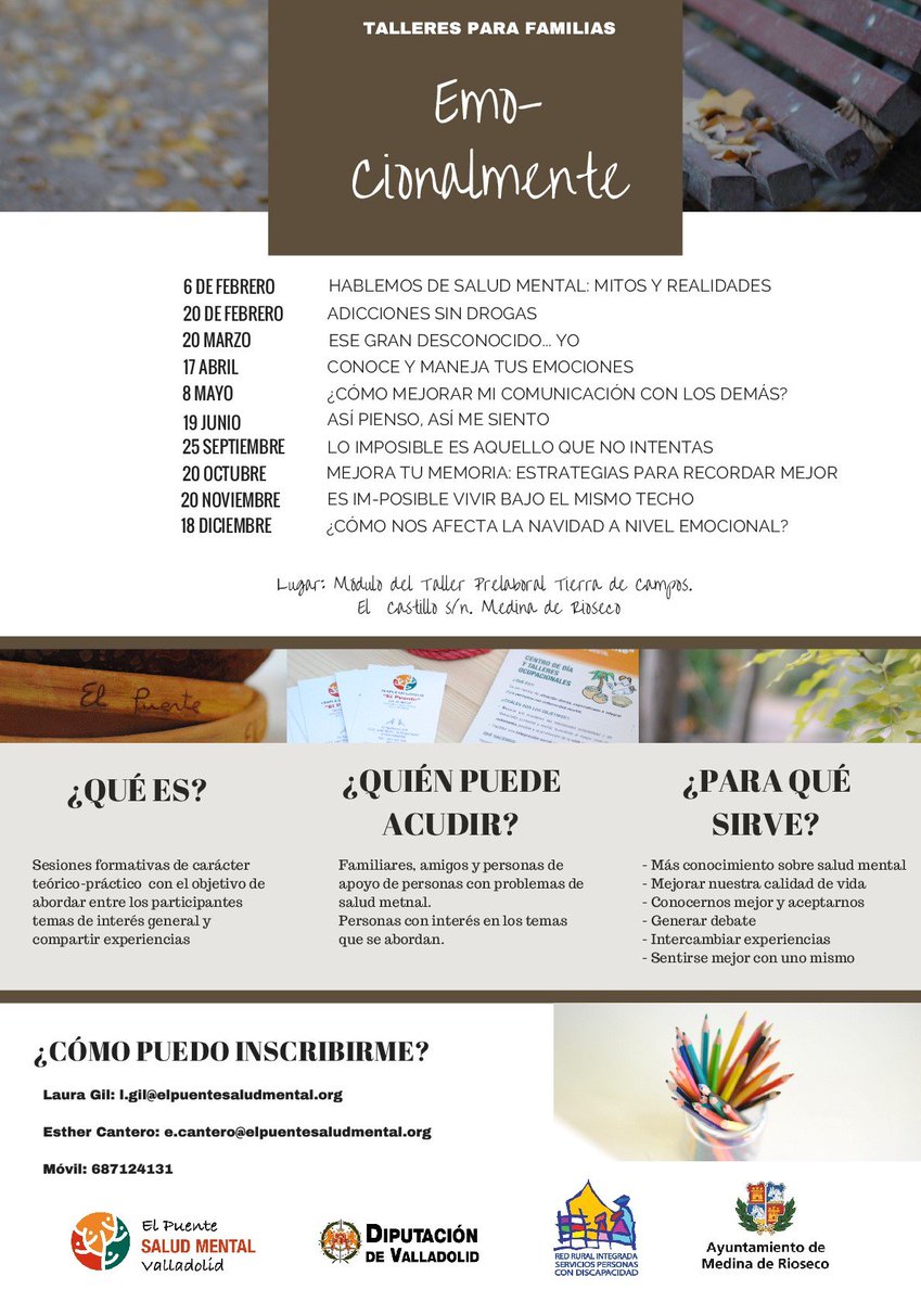 ¿Cómo viven los familiares los problemas de #saludmental? ¿Se puede  mejorar su calidad de vida? Con el fin de abordar éstas y otras  preguntas surgen los talleres de familias 'Emo-cionalmente 2018'. El 6  de febrero a debate mitos y realidades de la salud mental  #tierradecampos