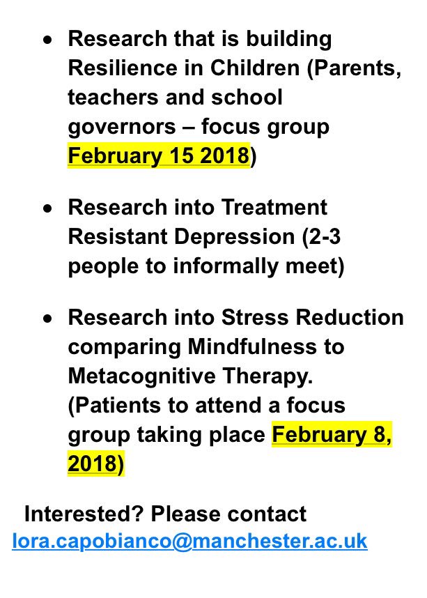 3 #ppi opportunities! With <a href="/FBMH_UoM/">UoM Biology, Medicine and Health</a> &amp; <a href="/GMMH_NHS/">Greater Manchester Mental Health</a> Get in touch for further info or if interested. Pls RT! <a href="/loracapo/">Dr Lora Capobianco</a> <a href="/nwpirf/">People in Research</a> @researchdialog <a href="/mctpathway/">mct-pathway</a> <a href="/MCT_Institute/">MCT Institute</a> @CitzSci @NIHRCRN_gman ❤️
