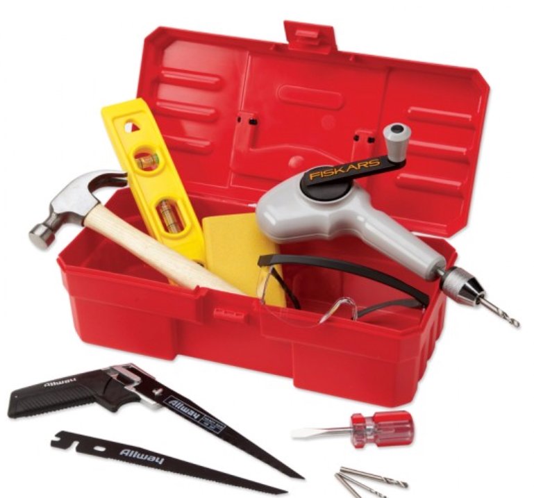 Involve your kids in home repairs or pick up some wood scraps and make your own projects. Six high-quality, child sized “adult” tools, safety glasses and a durable toolbox to fully outfit your handy-boy or girl. #toolsforkids #woodworkingforkids #toolboxforkids #kidtools #hottoys