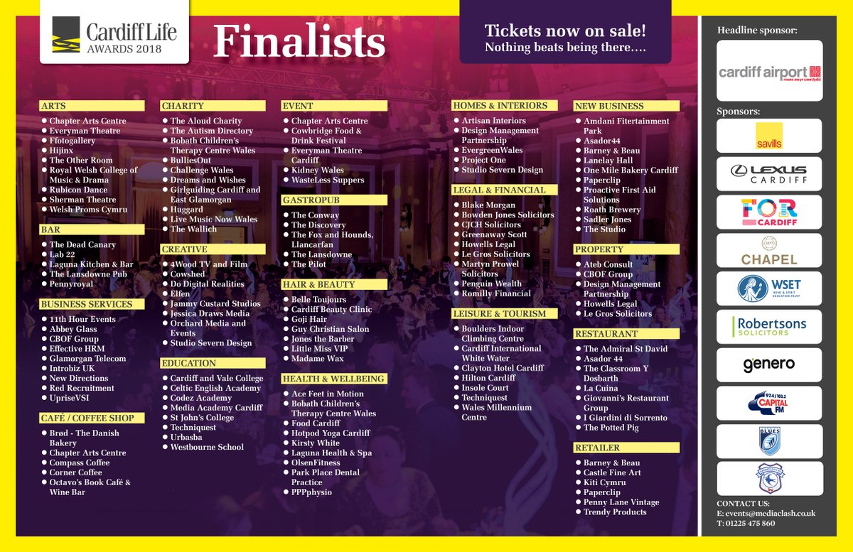 Cardiff Life Awards (@cardifflifeawds) on Twitter photo Congrats to all of our finalists! find them here - goo.gl/rA49rd
Early bird tickets still available!! - goo.gl/dkJPN8
Also a huge thanks to all of our sponsors! <a href="/Cardiff_Airport/">Cardiff Airport</a> <a href="/GeneroProd/">Genero Productions</a>
<a href="/Savills/">Savills</a> <a href="/WSETglobal/">WSETglobal</a> <a href="/CapitalOfficial/">Capital</a> <a href="/cardiff_blues/">Cardiff Blues</a> <a href="/CardiffCityFC/">Cardiff City FC</a> Congrats to all of our finalists! find them here - goo.gl/rA49rd
Early bird tickets still available!! - goo.gl/dkJPN8
Also a huge thanks to all of our sponsors! <a href="/Cardiff_Airport/">Cardiff Airport</a> <a href="/GeneroProd/">Genero Productions</a>
<a href="/Savills/">Savills</a> <a href="/WSETglobal/">WSETglobal</a> <a href="/CapitalOfficial/">Capital</a> <a href="/cardiff_blues/">Cardiff Blues</a> <a href="/CardiffCityFC/">Cardiff City FC</a>