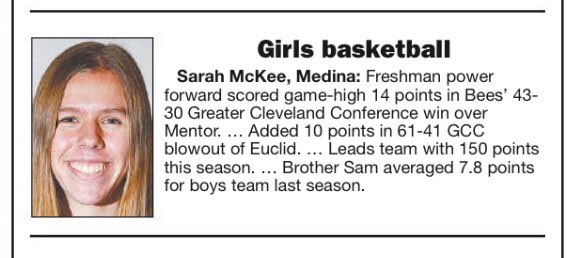 Congratulations to Sarah McKee on being named the Gazette’s Player of the Week for girls bball.  Go Bees!