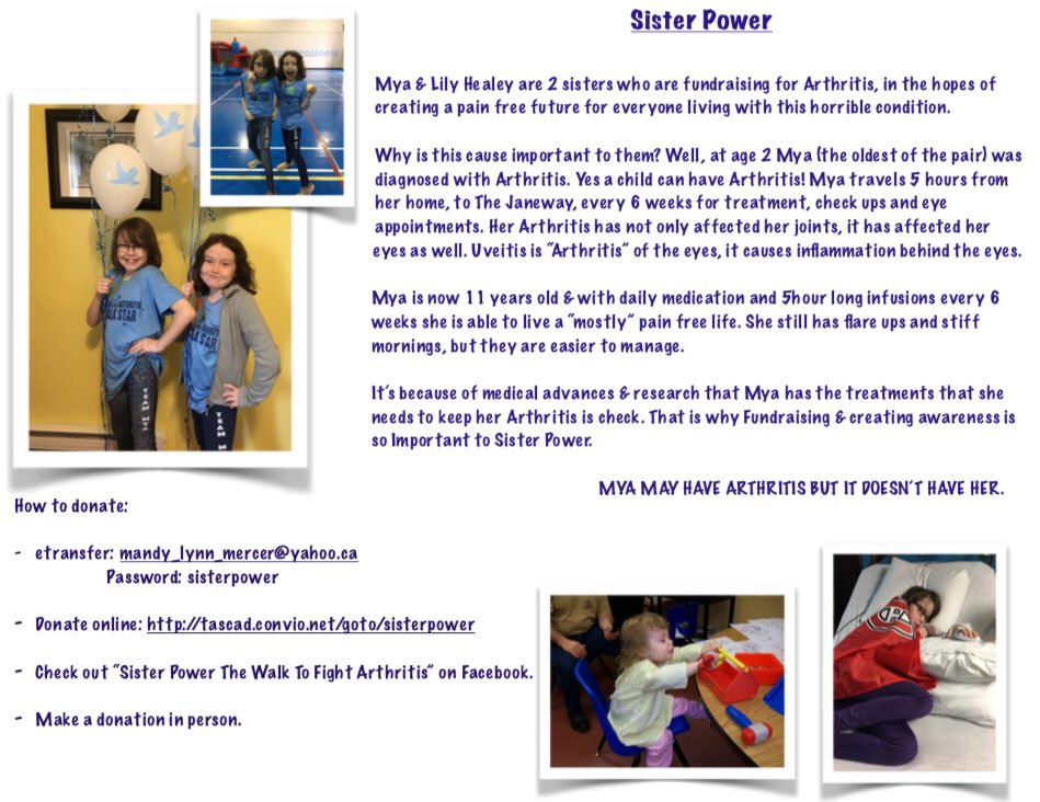 mercer_momma's tweet photo. Please retweet and help these girls spread awareness. Wanna donate, follow the directions in the photo #walktofightarthritis #kidsgetarthritistoo #sisterpower @towngfw @JustinTrudeau @ArthritisSoc @TheArthSocNL @CureArthritis @DwightBallMHA @VOCMOpenline @NTVNewsNL @CBCNL @NL411_ https://t.co/T0CMM1OKcw