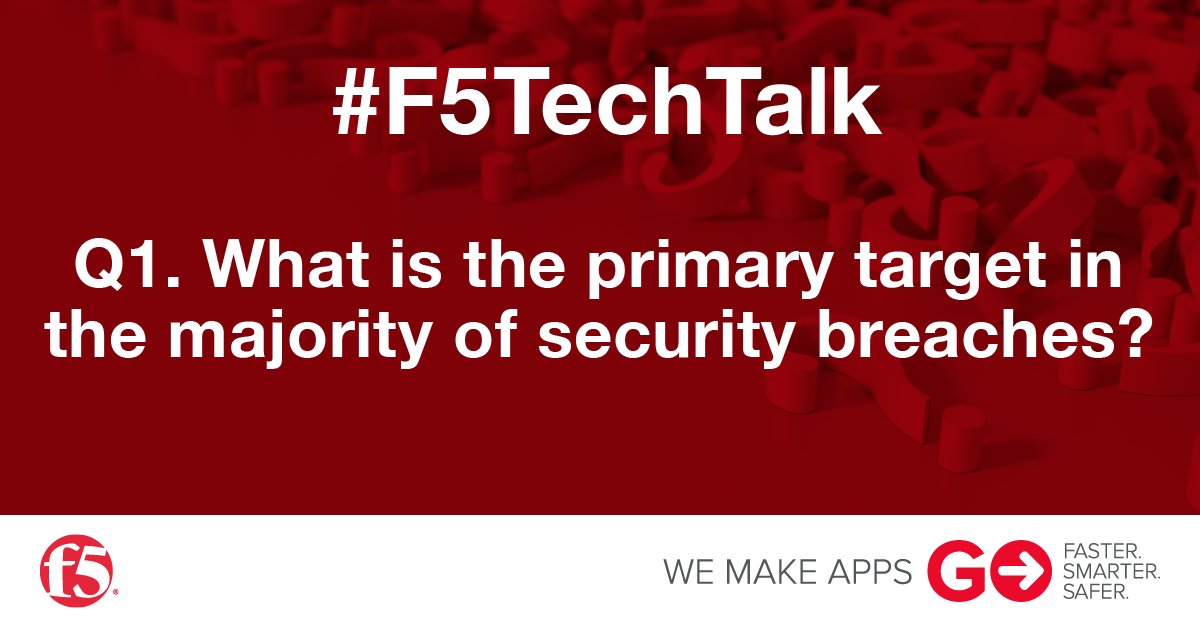 F5_EMEA's tweet image. Q1. What is the primary target in the majority of security breaches? Remember to include A1 before you answer and use the hashtag #F5TechTalk.