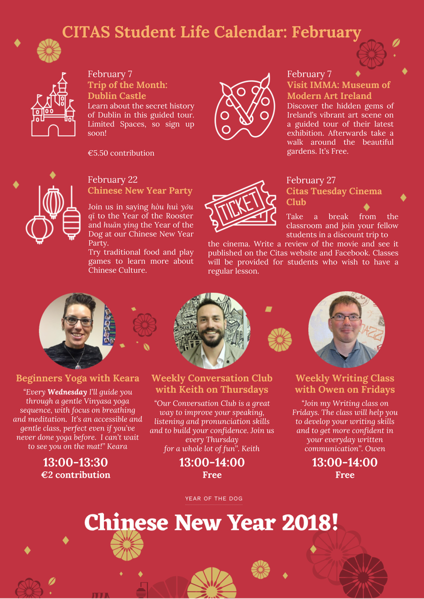 CitasCollege's tweet photo. Check out our social activities in February'18! Among other things, there is the trip of the month to Dublin Castle on February 7, a free visit to the Museum of Modern Art on the same day, Chinese New Year party on February 22 &amp; CITAS Cinema Club on February 27! Come &amp; have fun! https://t.co/8Fq9VhDaX0