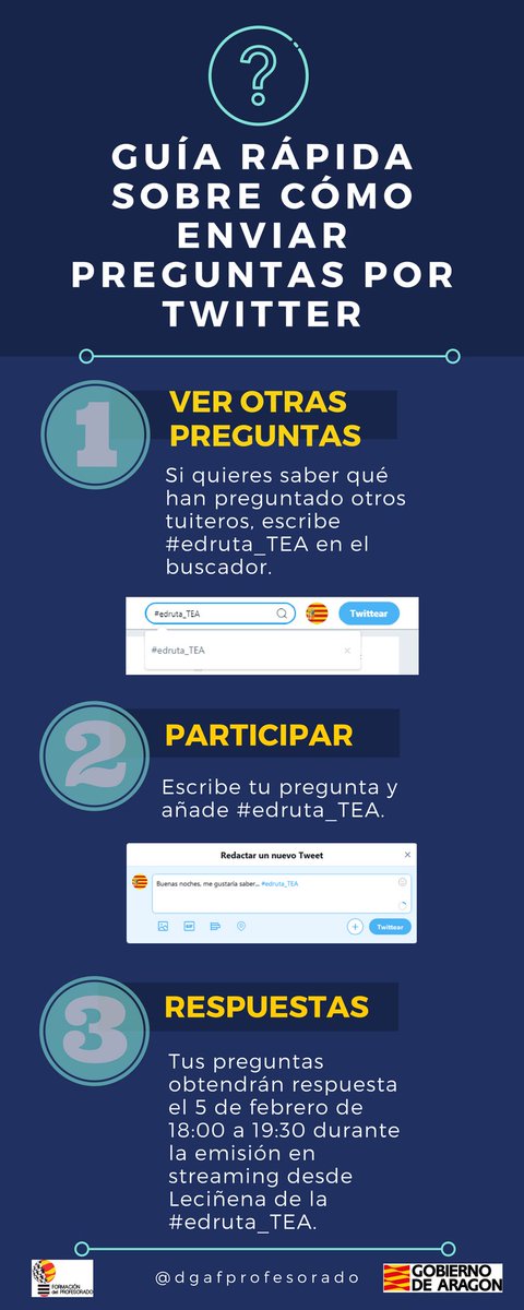 dgafprofesorado's tweet photo. ¿Te gustaría participar en la ronda de preguntas para la #edruta_TEA? ¿No tienes muy claro cómo hacerlo? En la siguiente infografía te explicamos cómo enviar tus preguntas. ¡Participa!
@tomasguajardo @orezgz @diegoarroyom @cifelanuza @twtFAPAR @Autismo_Espana #edruta https://t.co/MjLyafYMpC