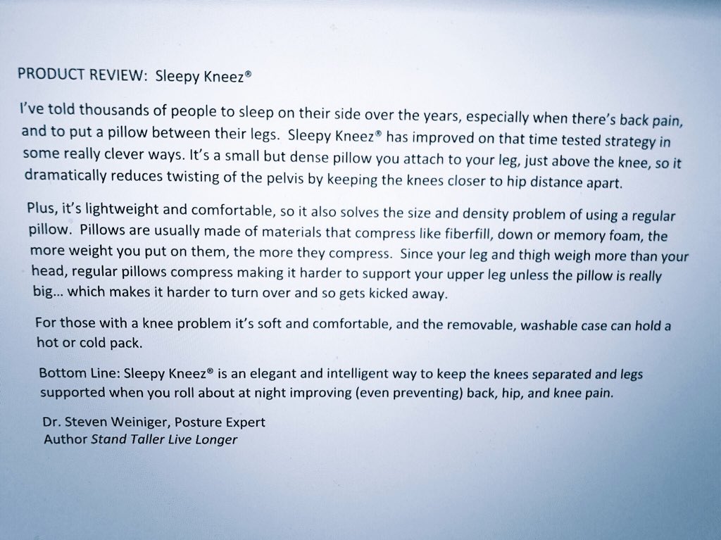 @EssentiaSeattle Improve sleep by correcting sleep posture. Side sleepers use a knee pillow between ur knees to align ur hips & cushion ur knees. This will also prevent back, hip & knee pain.#SleepyKneez