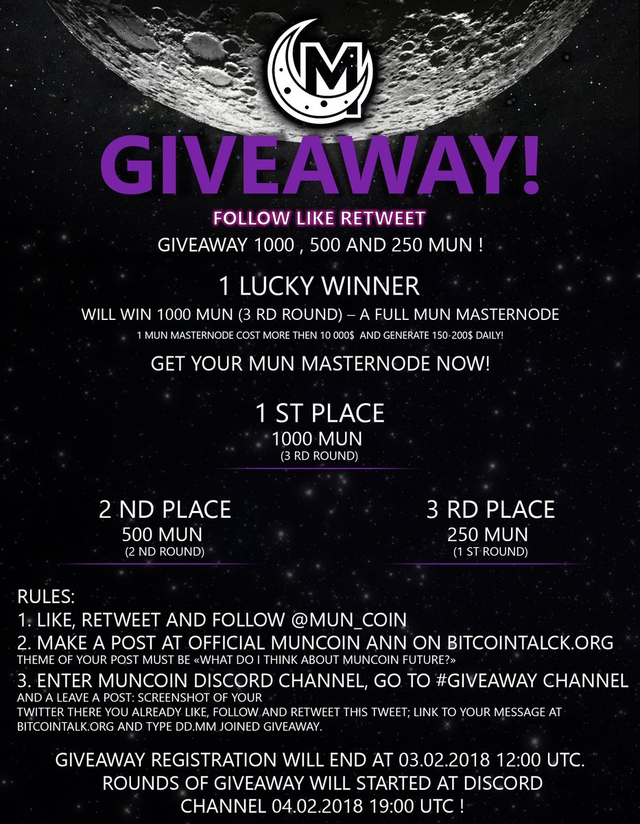 Join our super giveaway contest! 
BCT:  bitcointalk.org/index.php?topi…
Buy MUNcoin before it go to the MUN here: coinexchange.io/market/MUN/BTC
Join and enjoy: discord.gg/pKpfAJW