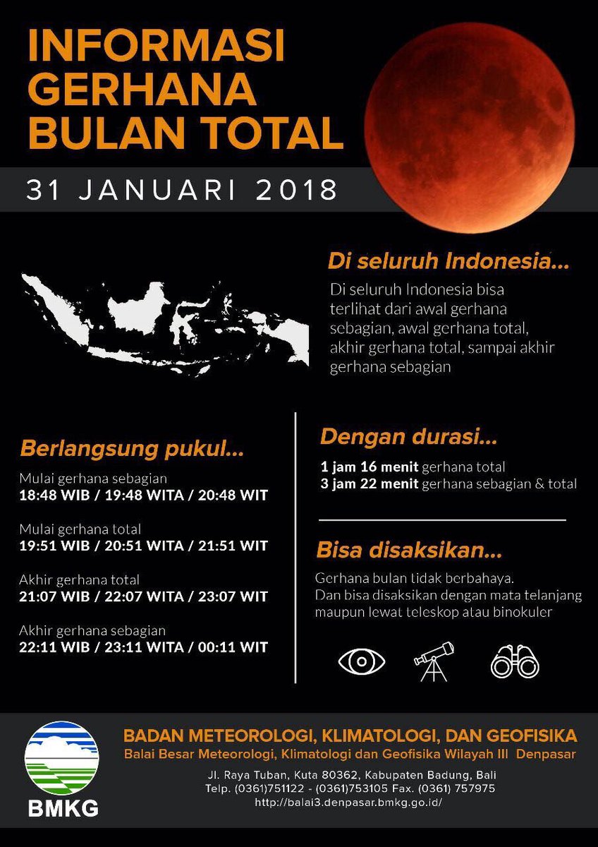 🌘 #SuperBlueBloodMoon Gerhana Bulan Total 31 Januari 2018.
🔭 Dapat disaksikan di seluruh wilayah #Indonesia
⏰ GBS dimulai 18.48 WIB
⏰ GBT dimulai 19.51 WIB
⏱ Durasi GBT 1 jam 16 menit 
👀 Dapat disaksikan dengan mata telanjang atau teleskop
✅ GBT ini tidak berbahaya
#BMKG