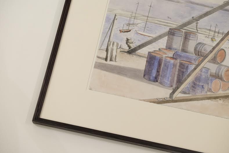 londonframing's tweet photo. Close-up of #framed #PaulNash - Orford Quay, #watercolour, 1930. Framed with a museum heritage board, #lowreflect #museum glass and a stained oak profile for #jenningsfineart - you can view this at @WorksOnPaper from 1st-4th Feb #wop18 https://t.co/wfctJDwhYu https://t.co/PvVWHCuBlP