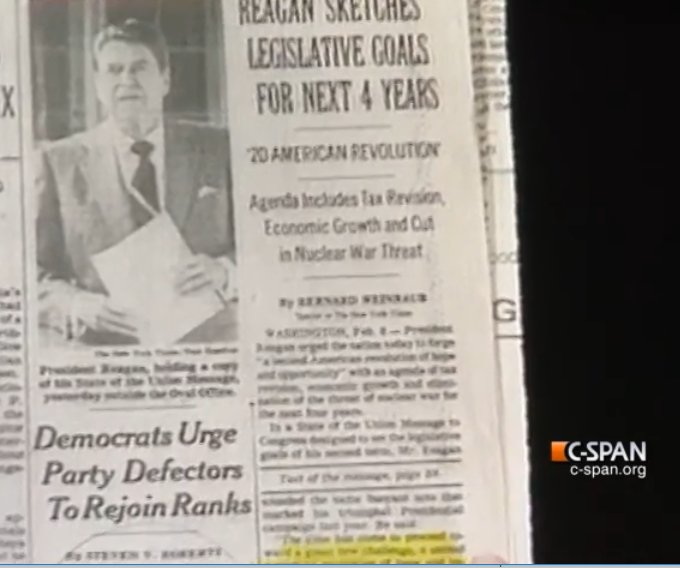 HowardMortman's tweet photo. .@washingtonpost and @WashTimes and @nytimes and @USATODAY next-day coverage of Feb. 6, 1985 Reagan #SOTU ... cc: @singernews https://t.co/iwRkXZION5
