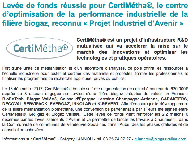 Levée de fonds réussie pour CertiMétha, le centre d’optimisation de la   performance industrielle de la filière #biogaz, reconnu Projet Industriel d’Avenir ! Venez nous rencontrer sur @BiogazEurope stand B24 pour plus d'informations #méhanisation #biométhane #innovation #gazvert