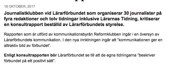 Samma företag "Reformklubben" anlitas av Lärarförbundet för att utreda hur man ska utveckla förbundets kommunikation. journalisten.se/nyheter/oro-pa…
