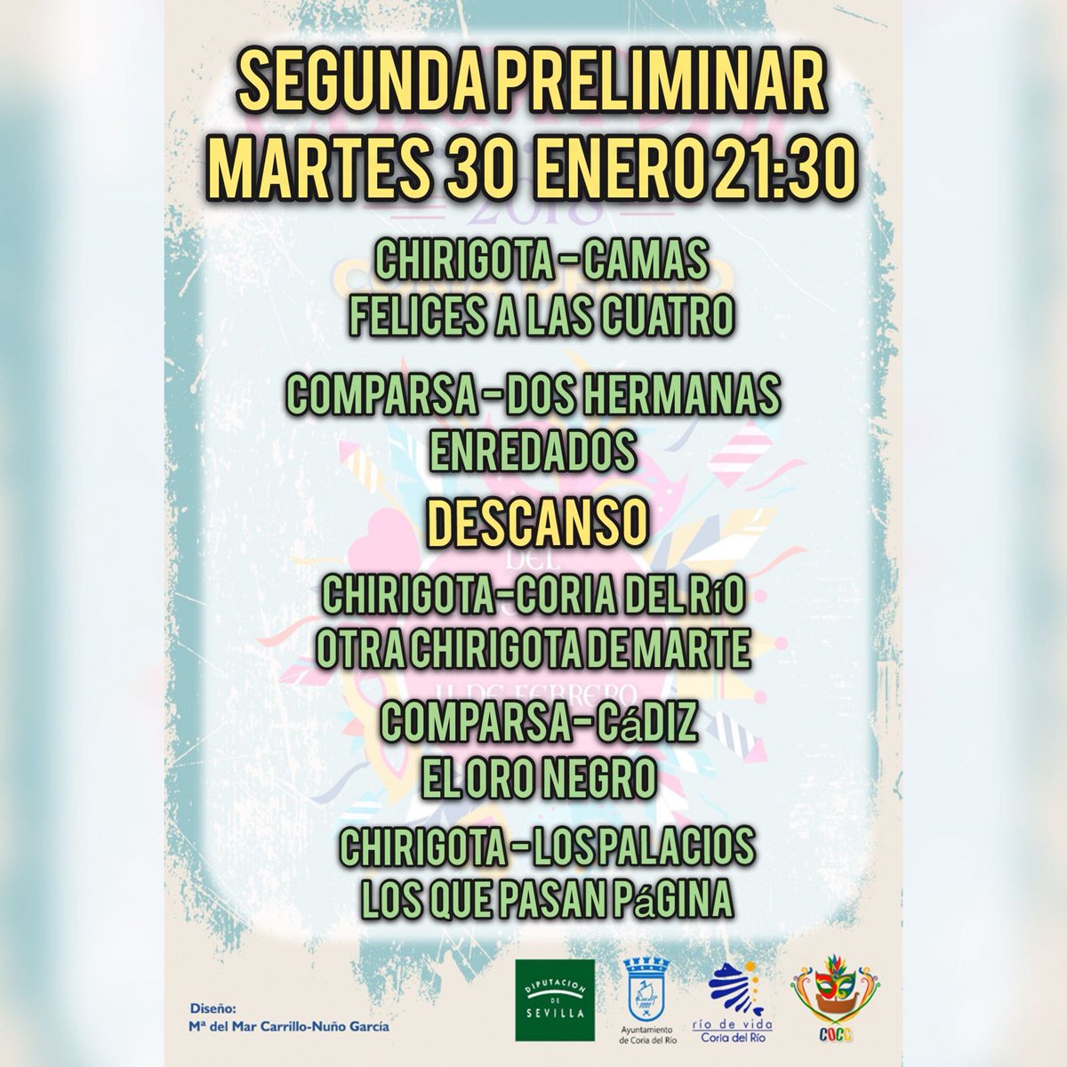 Esta noche será la segunda sesión de preliminares del Carnaval de Coria del Río con la actuación de la chirigota local Otra chirigota de marte