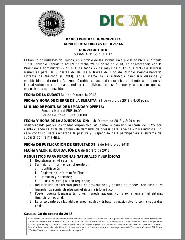 SubastaDICOMVE's tweet photo. Primera convocatoria Dicom 2018 #Dicom #bcv https://t.co/snJqj2m0Jy