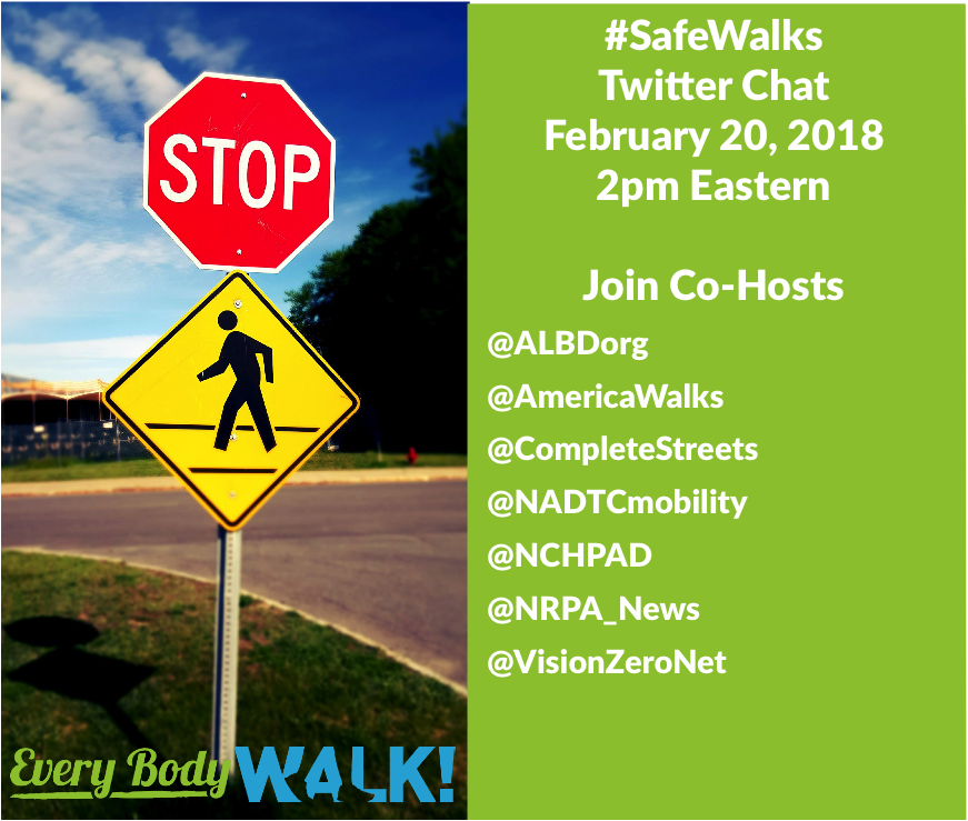 Join <a href="/americawalks/">America Walks</a> for a twitter chat Febraury 20th at 2PM EST to learn what you can do to support #SafeWalks #CompleteStreets &amp; #VisionZero We're cohosting along with <a href="/ALBDorg/">We've changed our name!</a> @NADTCmobility <a href="/NCHPAD/">NCHPAD</a> <a href="/NRPA_news/">NRPA news</a> <a href="/Visionzeronet/">Vision Zero Network</a>