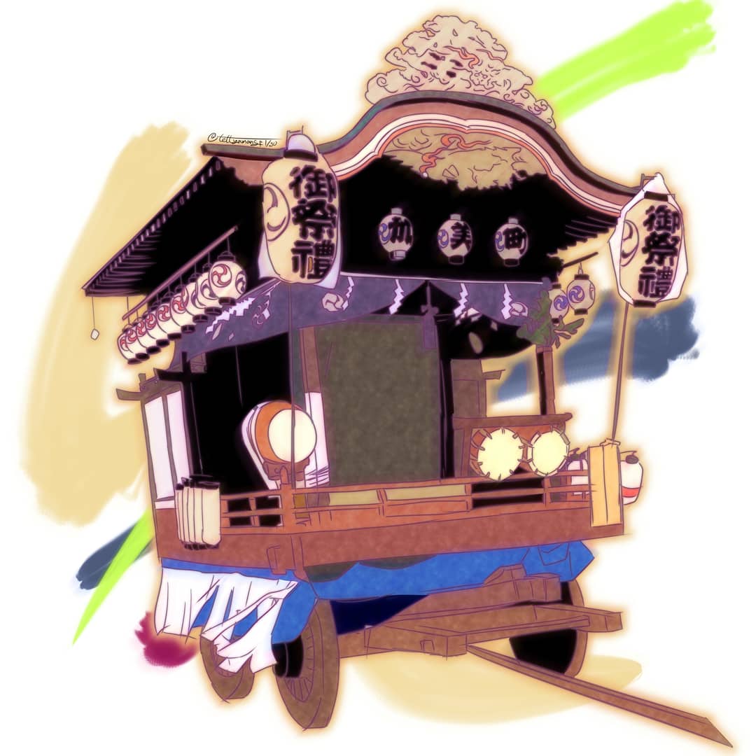 唯一無二のてつし クリエイターの住みやすい世界へ V Twitter お仕事イラストです 以前書いた狐面の延長の山車をかきました 黒をたくさん使って引き締めました 作業中を写した2枚目ですが 足の上が重かった理由がわかりました 唯一無二のてつし 仕事絵 イラスト