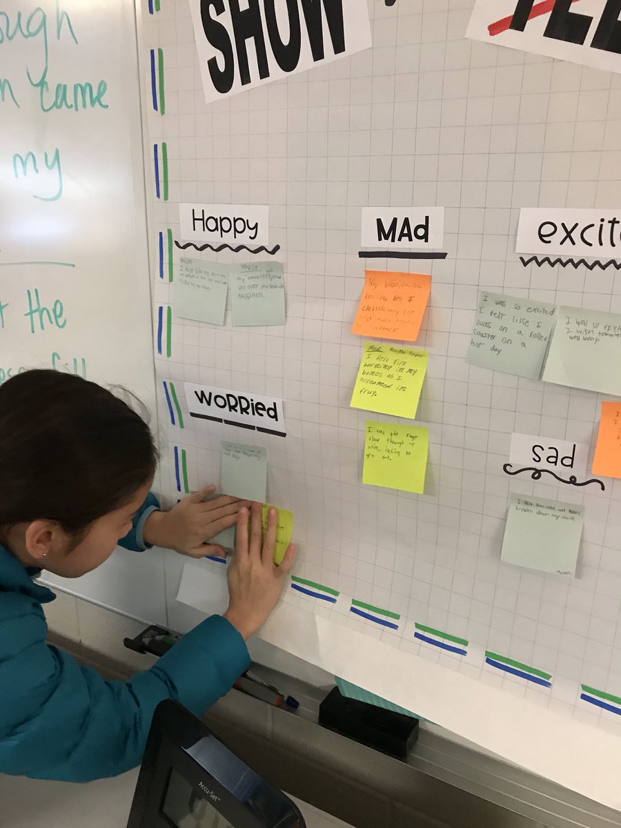 MrsHenderson73's tweet photo. .@JSerravallo “Show, don’t tell”. Ss took common emotions and showed the reader how they felt in that moment! I am so impressed with 5th grade creativity 💚  #writingstrategiesbook #BESbark https://t.co/d2fzly5xaN