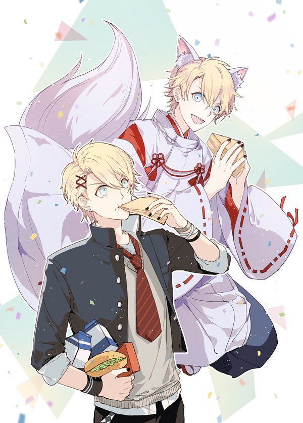 2boys multiple boys animal ears blonde hair food necktie blue eyes  illustration images