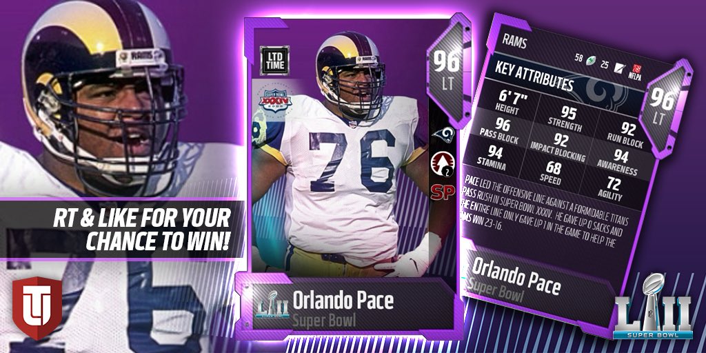 EASPORTS_MUT's tweet image. Super Bowl Moment: Pace lead the offensive line against a formidable Titans pass rush in Super Bowl XXXIV. He gave up ZERO sacks and the entire line only gave up ONE in the game to help the Rams win 23-16! #UltimateSB #Madden18