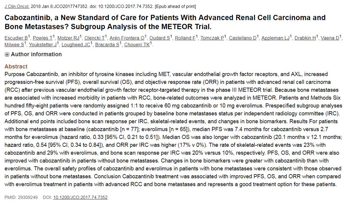 Congrats <a href="/DrChoueiri/">Toni Choueiri, MD</a> <a href="/DanaFarber/">Dana-Farber</a> on two back-to-back papers in <a href="/JCO_ASCO/">Journal of Clinical Oncology</a> based on METEOR. Data show (1) efficacy in bony metastatic disease and (2) prolongation of time to deterioration (based on PD or sx). Important pieces of data sure to aid in clinical decision-making.