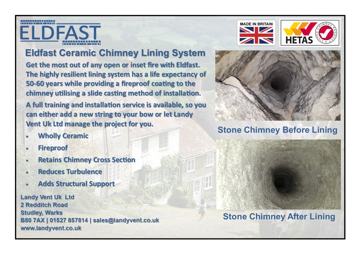 Landyvent's tweet image. Eldfast - The permanent solution for open fire chimney lining. Something for you to use, recommend and even train to install yourself. Let's keep those open fires burning!
landyvent.co.uk/eldfast
#eldfast #openfire #chimneylining #livingthedream #fireplace #fire #chimney