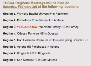 THSCAcoaches's tweet photo. Regional Meetings THIS SATURDAY!!! Those who attend will gain early access to 2018 Coaching School hotel room reservations! #SupportYourProfession #KeepOurAssociationStrong #CoachingBeyondTheGame https://t.co/zcSVhBK3DZ
