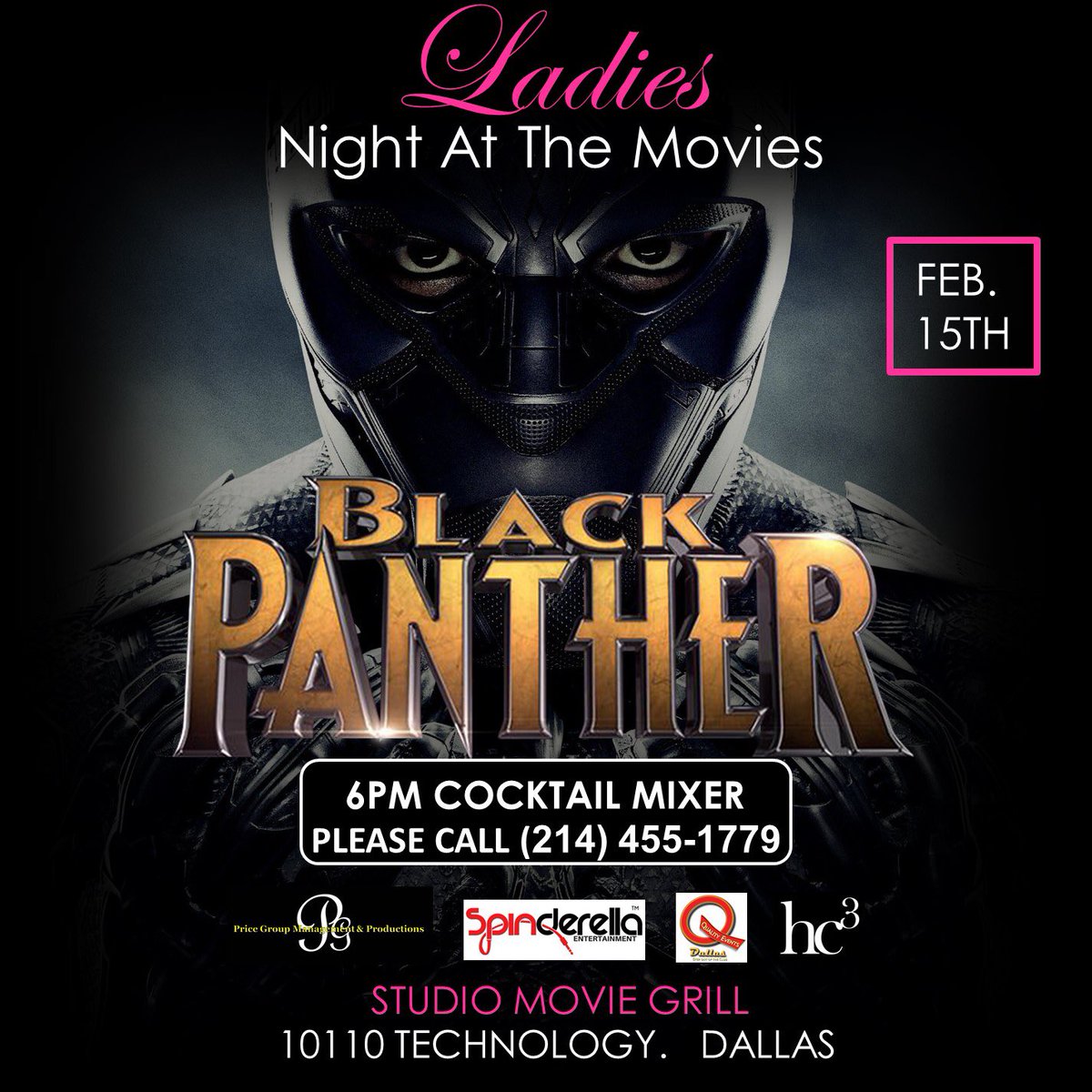 qgotjokes's tweet photo. Black Panther Movie Premier Thursday February 15th @studiomoviegril #Dallas #NorthwestHighwayLoc featuring @DallasSlam #FreePopcorn DJ Trey @Spindeezy #PriceGroup @HC3Enterprises lobby mixer at 6pm movie at 7:30pm https://t.co/4prRm6WGO7