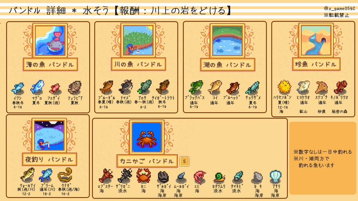 Mimi Stardew Valley バンドルの詳細一覧できましたー ざっとまとめたので 入手方法とかざっくりしてますが バンドル横に数字があるものは その数だけセットすればよいもの ないものは全て 水そうバンドル数字 6 19など は 釣れる時間帯です スター