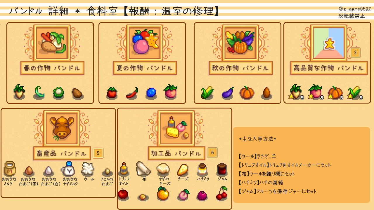 Mimi Stardew Valley バンドルの詳細一覧できましたー ざっとまとめたので 入手方法とかざっくりしてますが バンドル横に数字があるものは その数だけセットすればよいもの ないものは全て 水そうバンドル数字 6 19など は 釣れる時間帯です スター