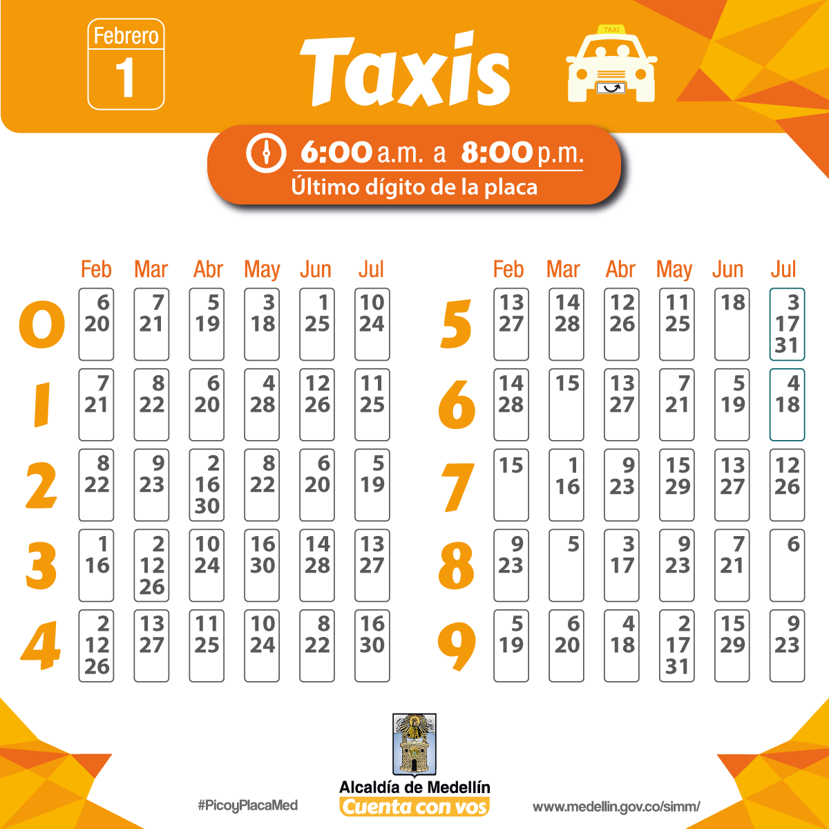 AlcaldiadeMed's tweet photo. Este es el #PicoyPlacaMed que regirá en la ciudad en el primer semestre de 2018 para motos de dos tiempos, vehículos particulares y taxis. #MovilidadMed #ContamosConVos https://t.co/5EwnRtnkBX